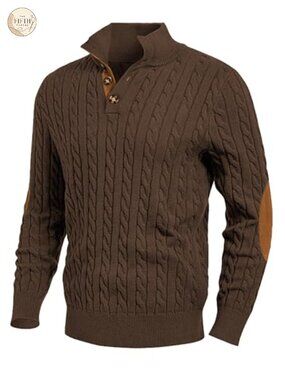 Men's Cable Knit Pullover Sweater Button Neck Suede Accents